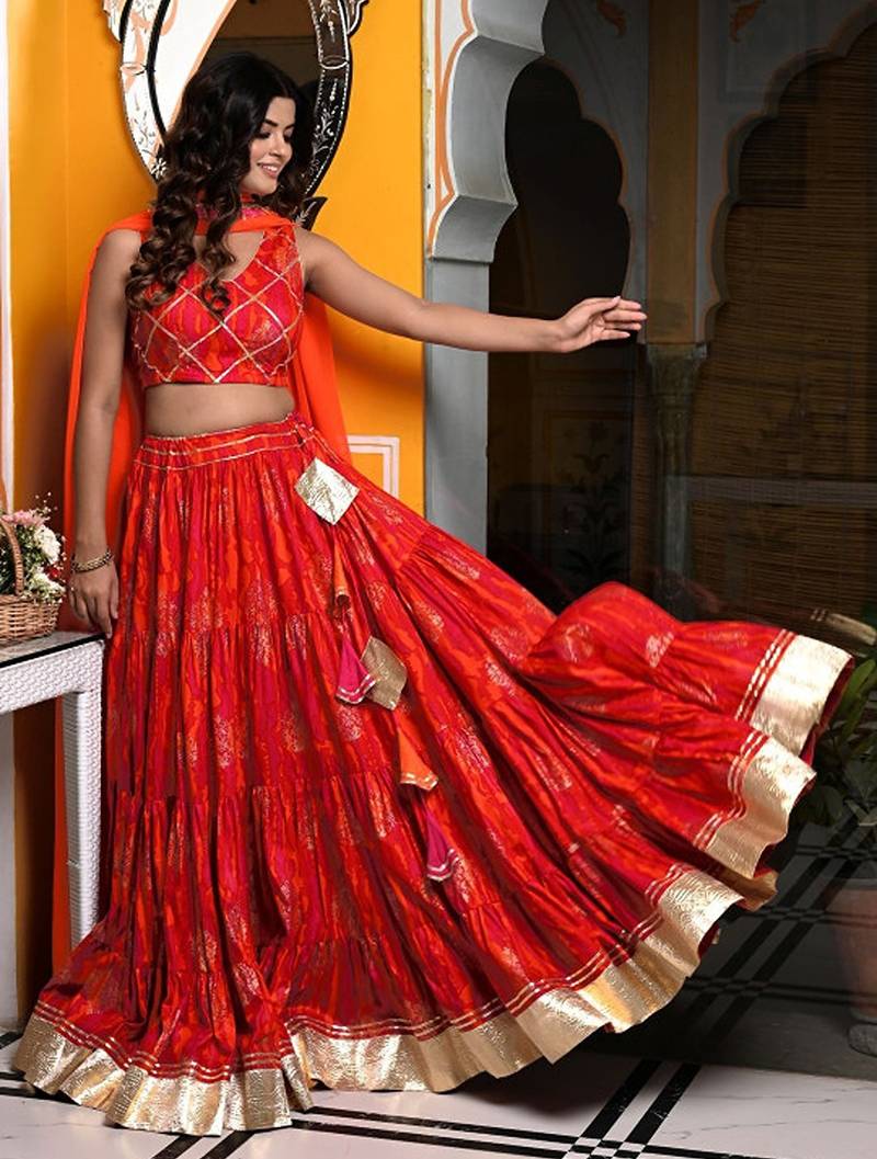 Printed Gotta Patti Ready To Wear Lehenga & Unstitched Blouse With Dupatta Free Size Upto 42