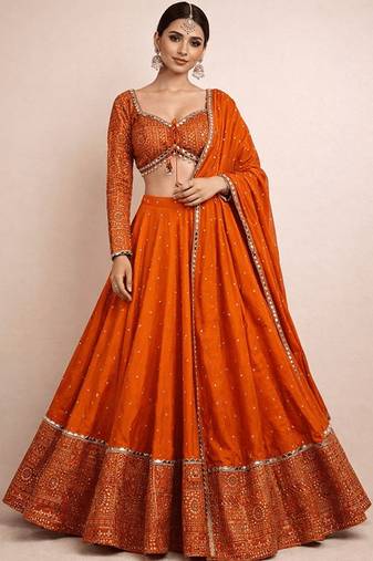 Embroidered Semi-Stitched Lehenga & Unstitched Blouse With Dupatta Free Size Upto 42