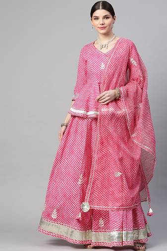 Pink & White Printed Ready To Wear Lehenga & Blouse With Dupatta Free Size Upto 42