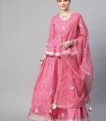 Pink & White Printed Ready To Wear Lehenga & Blouse With Dupatta Free Size Upto 42