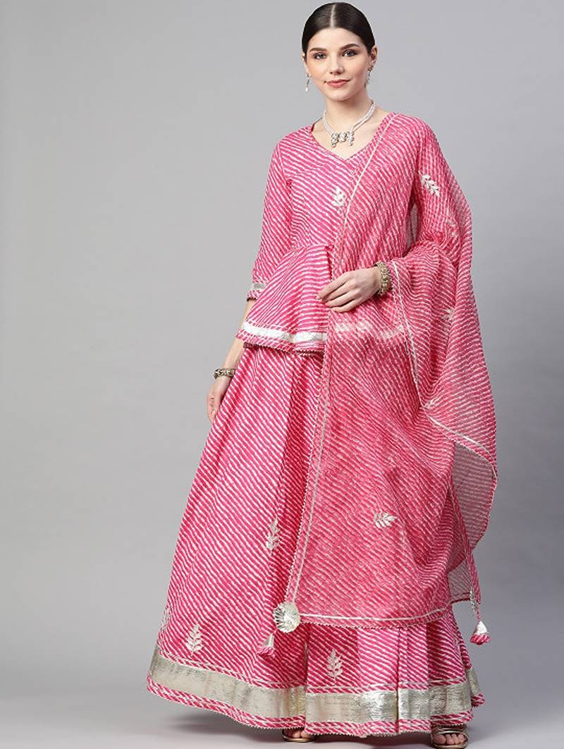 Pink & White Printed Ready To Wear Lehenga & Blouse With Dupatta Free Size Upto 42