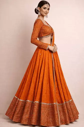 Embroidered Semi-Stitched Lehenga & Unstitched Blouse With Dupatta Free Size Upto 42