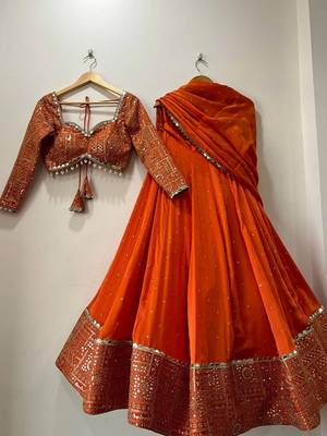 Embroidered Semi-Stitched Lehenga & Unstitched Blouse With Dupatta Free Size Upto 42 4