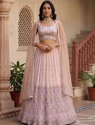 Embroidered Thread Work Semi-Stitched Lehenga & Blouse With Dupatta Free Size Upto 42 1