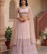 Embroidered Thread Work Semi-Stitched Lehenga & Blouse With Dupatta Free Size Upto 42