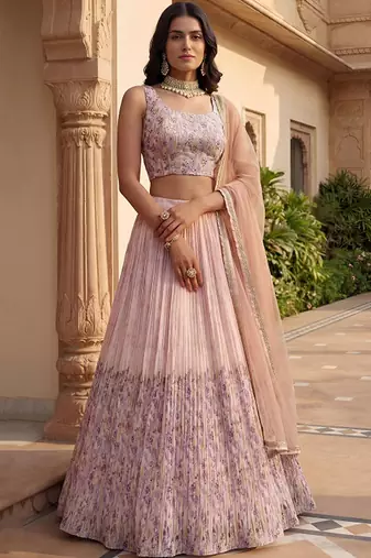 Embroidered Thread Work Semi-Stitched Lehenga & Blouse With Dupatta Free Size Upto 42