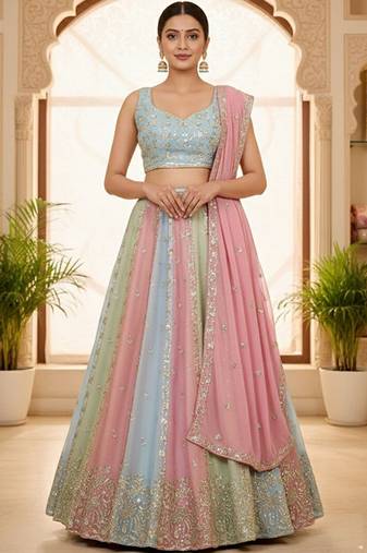 Embellished Sequinned Semi-Stitched Lehenga & Unstitched Blouse With Dupatta Free Size Upto 42