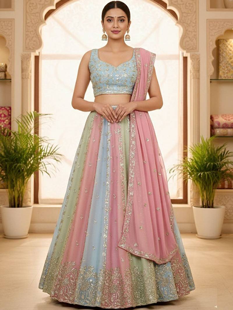Embellished Sequinned Semi-Stitched Lehenga & Unstitched Blouse With Dupatta Free Size Upto 42