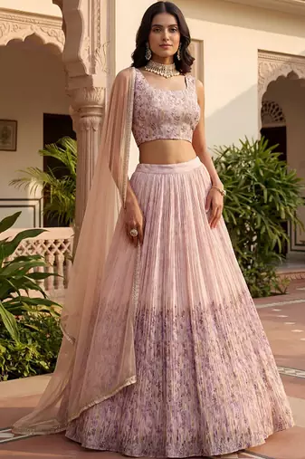 Embroidered Thread Work Semi-Stitched Lehenga & Blouse With Dupatta Free Size Upto 42
