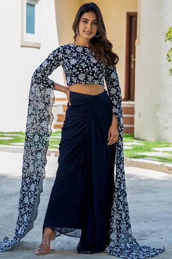 Embroidered Thread Work Ready To Wear Lehenga With Blouse Free Size Upto 42