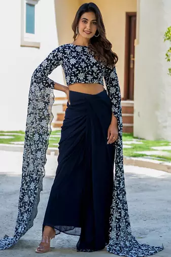 Embroidered Thread Work Ready To Wear Lehenga With Blouse Free Size Upto 42