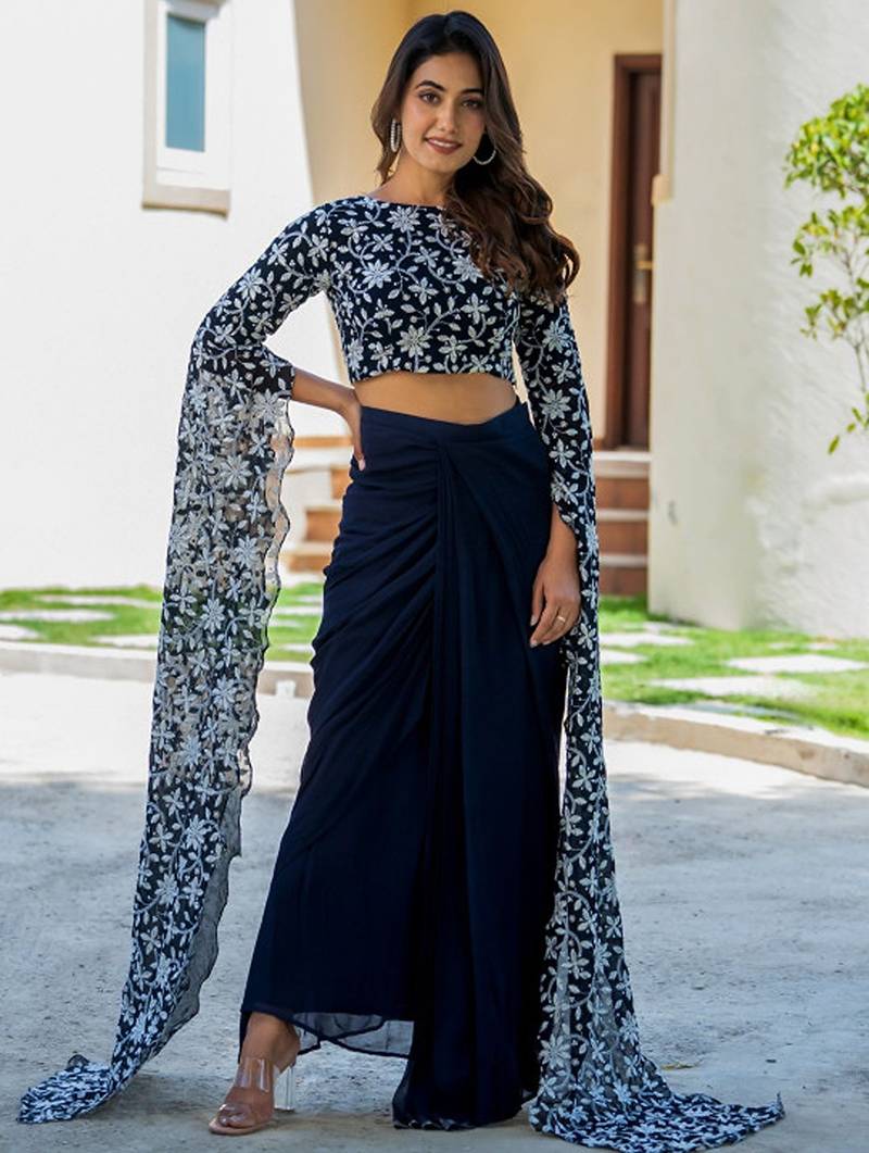 Embroidered Thread Work Ready To Wear Lehenga With Blouse Free Size Upto 42