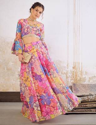 Floral Printed Ready To Wear Lehenga & Blouse Free Size Upto 42 1