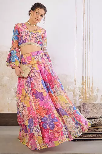 Floral Printed Ready To Wear Lehenga & Blouse Free Size Upto 42