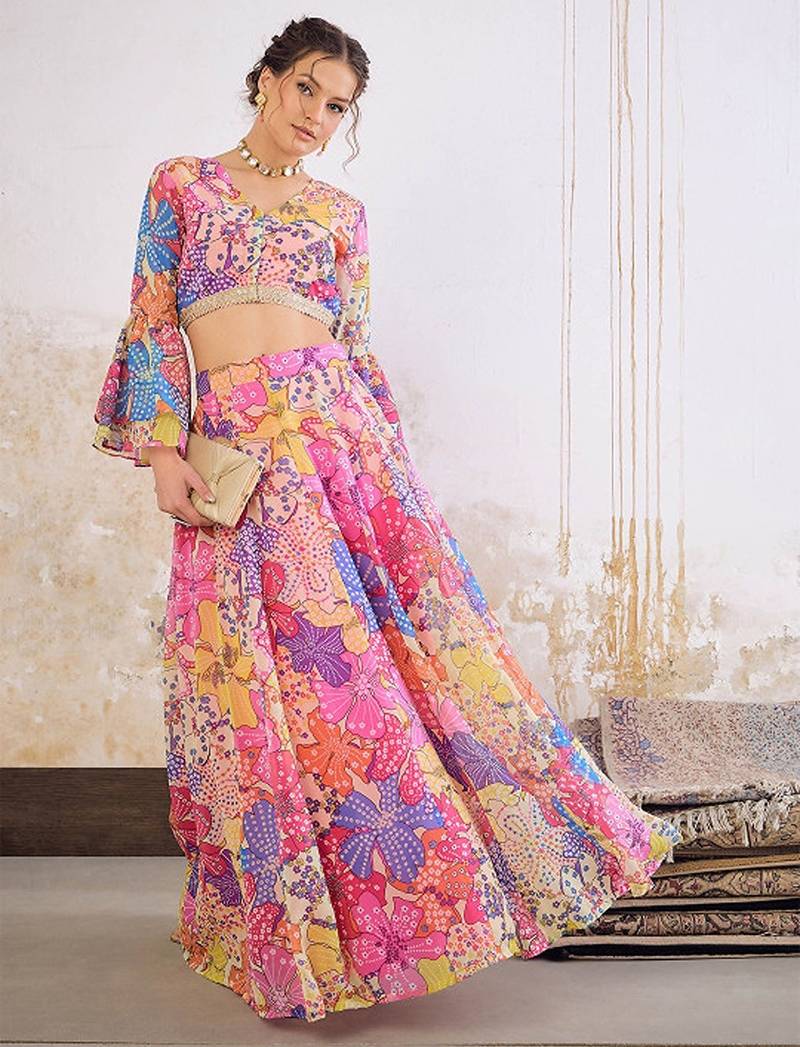 Floral Printed Ready To Wear Lehenga & Blouse Free Size Upto 42