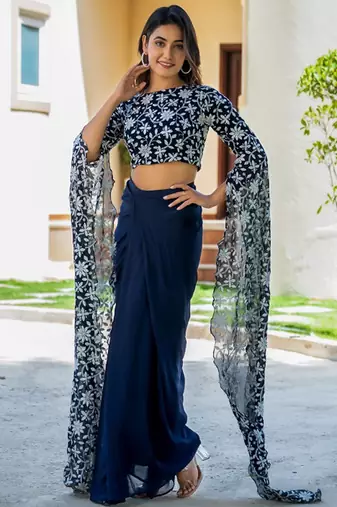 Embroidered Thread Work Ready To Wear Lehenga With Blouse Free Size Upto 42