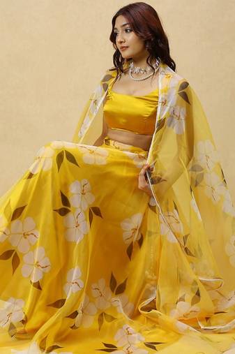 Printed Organza Semi Stitched Lehenga & Ready To Wear Blouse With Dupatta Free Size Upto 42