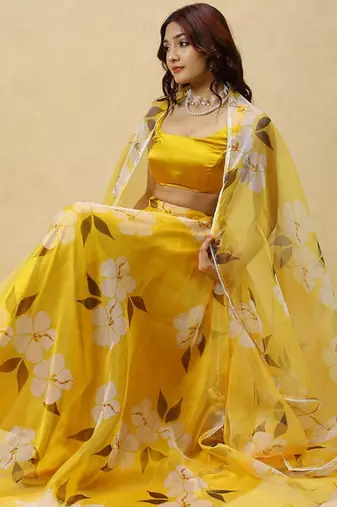 Printed Organza Semi Stitched Lehenga & Ready To Wear Blouse With Dupatta Free Size Upto 42