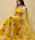 Printed Organza Semi Stitched Lehenga & Ready To Wear Blouse With Dupatta Free Size Upto 42
