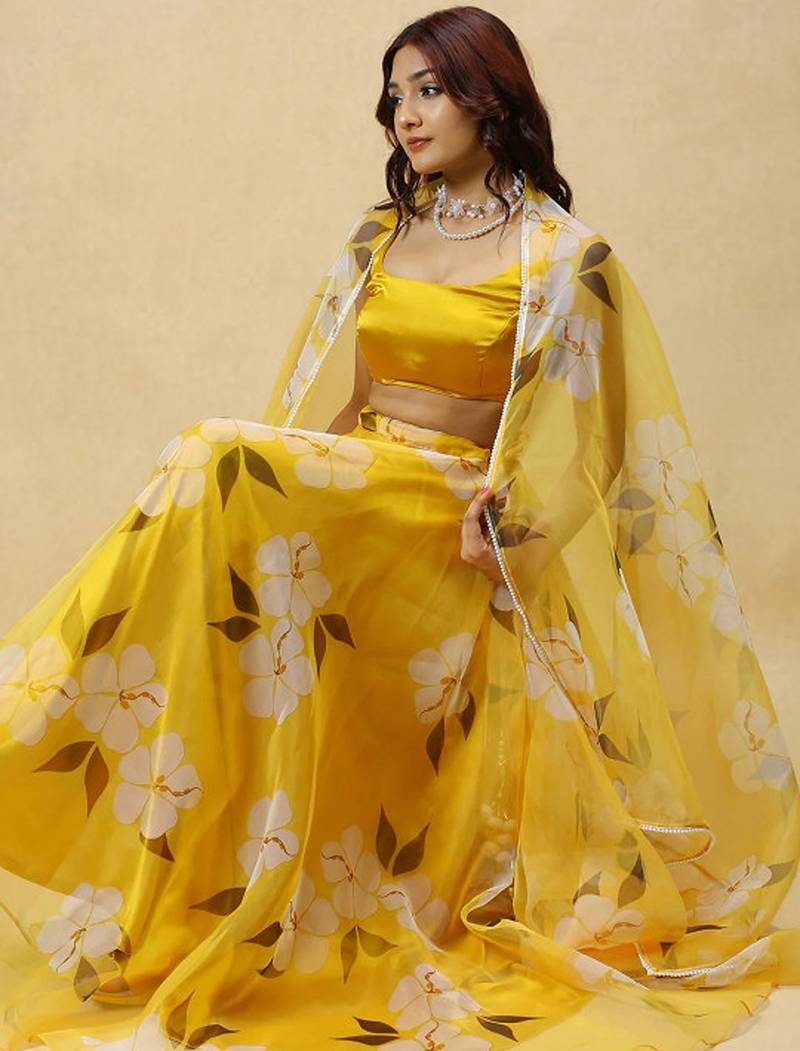 Printed Organza Semi Stitched Lehenga & Ready To Wear Blouse With Dupatta Free Size Upto 42