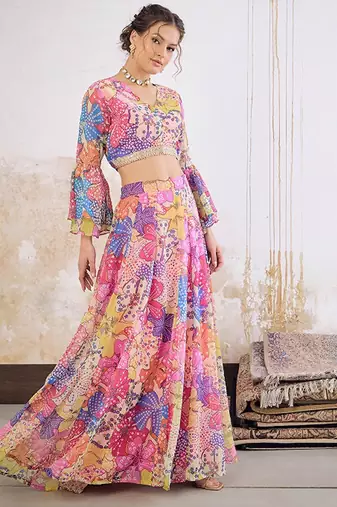 Floral Printed Ready To Wear Lehenga & Blouse Free Size Upto 42