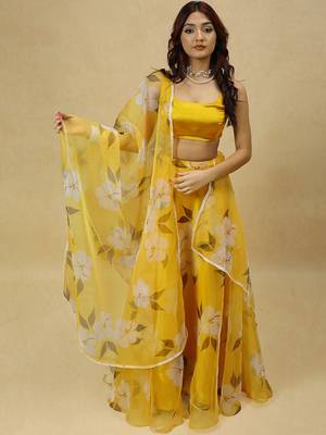 Printed Organza Semi Stitched Lehenga & Ready To Wear Blouse With Dupatta Free Size Upto 42 2