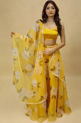 Printed Organza Semi Stitched Lehenga & Ready To Wear Blouse With Dupatta Free Size Upto 42