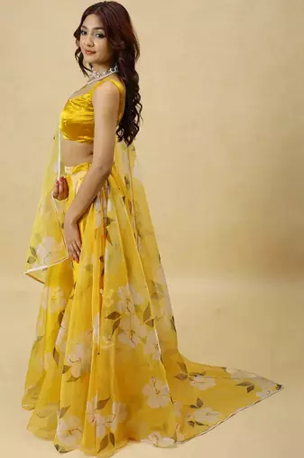 Printed Organza Semi Stitched Lehenga & Ready To Wear Blouse With Dupatta Free Size Upto 42