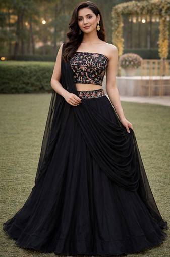 Embroidered Sequinned Ready To Wear Lehenga & Unstitched Blouse With Dupatta Free Size Upto 42