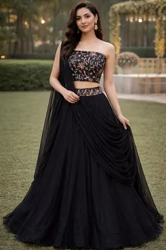 Embroidered Sequinned Ready To Wear Lehenga & Unstitched Blouse With Dupatta Free Size Upto 42