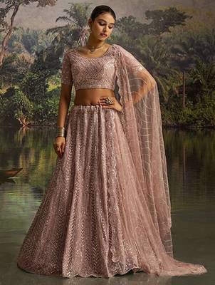 Embroidered Sequinned Semi-Stitched Lehenga & Unstitched Blouse With Dupatta Free Size Upto 42 1
