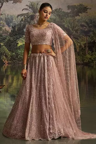 Embroidered Sequinned Semi-Stitched Lehenga & Unstitched Blouse With Dupatta Free Size Upto 42