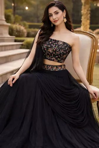 Embroidered Sequinned Ready To Wear Lehenga & Unstitched Blouse With Dupatta Free Size Upto 42