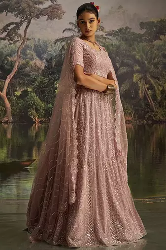 Embroidered Sequinned Semi-Stitched Lehenga & Unstitched Blouse With Dupatta Free Size Upto 42