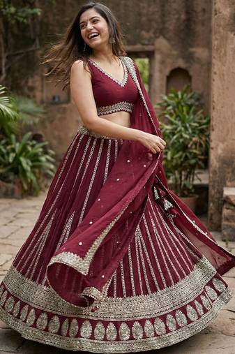 Embellished Sequinned Ready To Wear Lehenga & Blouse With Dupatta Free Size Upto 42