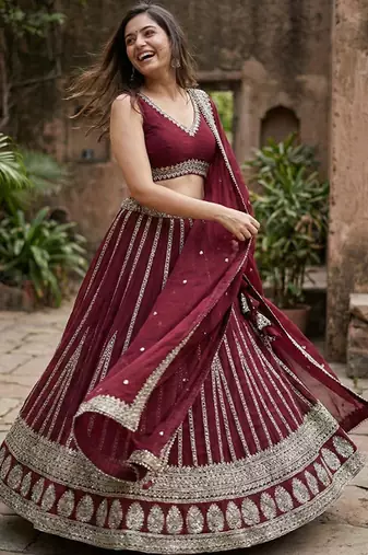 Embellished Sequinned Ready To Wear Lehenga & Blouse With Dupatta Free Size Upto 42