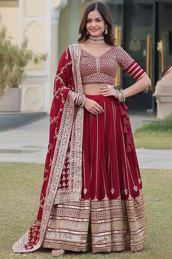 Embroidered Sequinned Ready To Wear Lehenga & Unstitched Blouse With Dupatta Free Size Upto 42