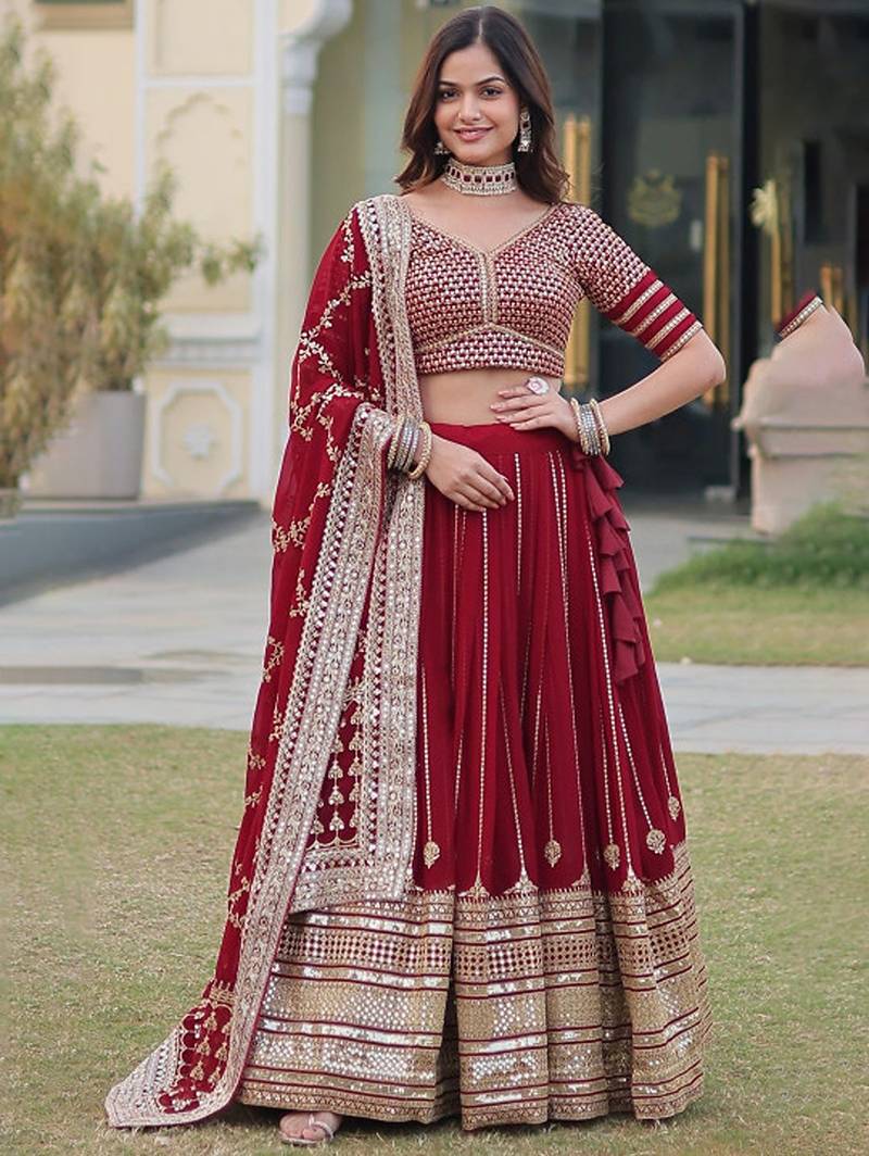 Embroidered Sequinned Ready To Wear Lehenga & Unstitched Blouse With Dupatta Free Size Upto 42