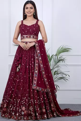 Embroidered Sequinned Ready To Wear Lehenga & Blouse With Dupatta Free Size Upto 42