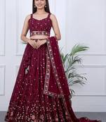 Embroidered Sequinned Ready To Wear Lehenga & Blouse With Dupatta Free Size Upto 42
