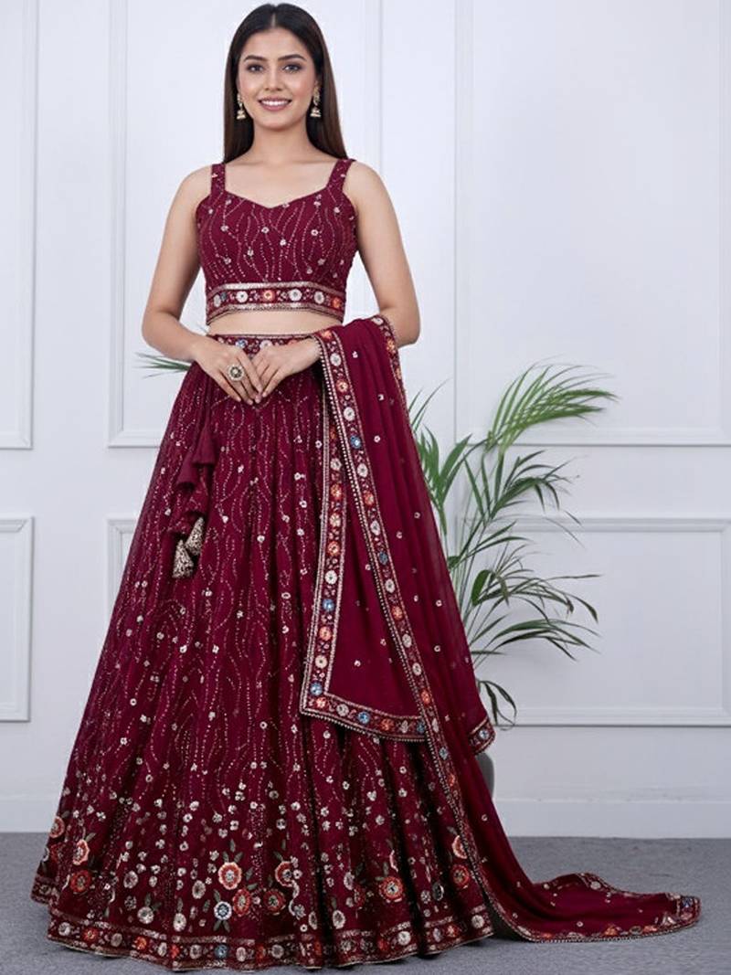 Embroidered Sequinned Ready To Wear Lehenga & Blouse With Dupatta Free Size Upto 42