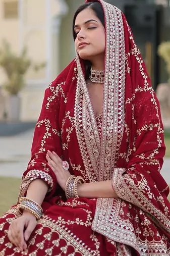 Embroidered Sequinned Ready To Wear Lehenga & Unstitched Blouse With Dupatta Free Size Upto 42