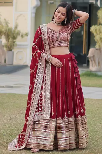 Embroidered Sequinned Ready To Wear Lehenga & Unstitched Blouse With Dupatta Free Size Upto 42