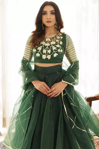 Embroidered Organza Ready To Wear Lehenga & Blouse With Dupatta Free Size Upto 42