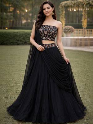 Embroidered Sequinned Ready To Wear Lehenga & Unstitched Blouse With Dupatta Free Size Upto 42 1