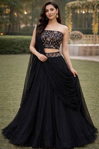 Embroidered Sequinned Ready To Wear Lehenga & Unstitched Blouse With Dupatta Free Size Upto 42