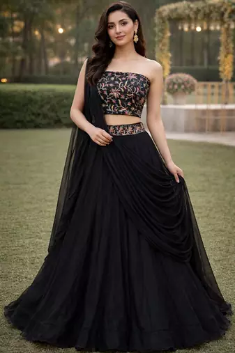 Embroidered Sequinned Ready To Wear Lehenga & Unstitched Blouse With Dupatta Free Size Upto 42