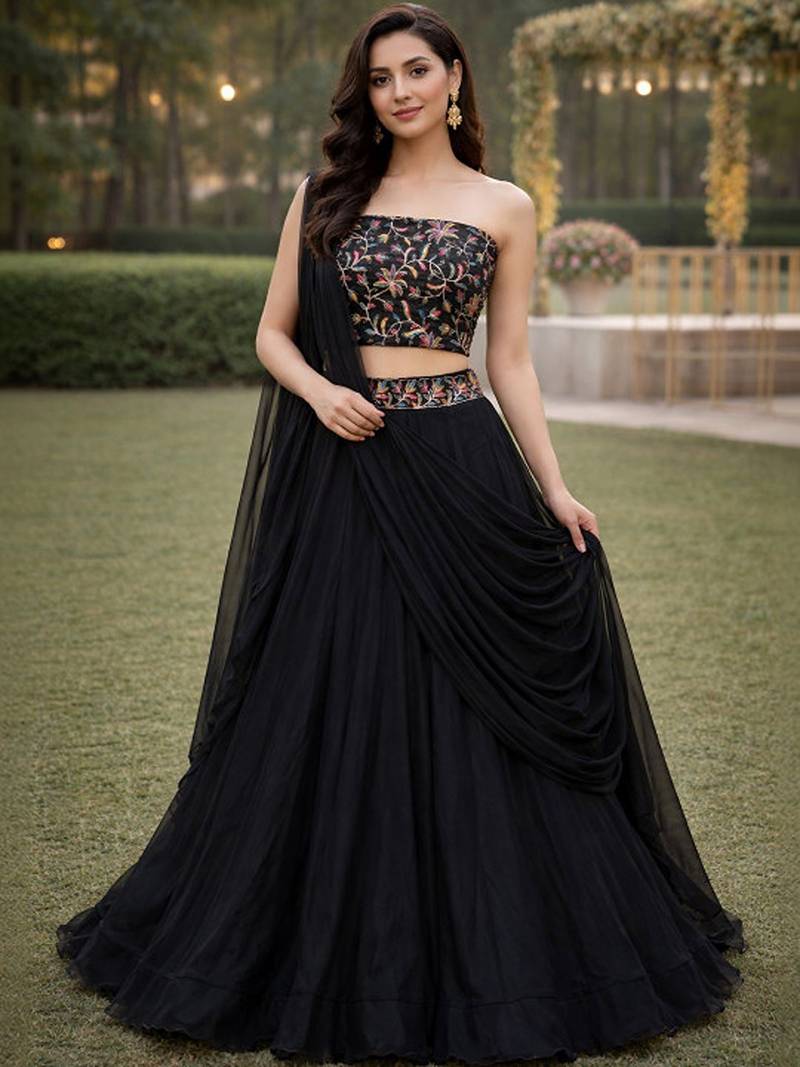 Embroidered Sequinned Ready To Wear Lehenga & Unstitched Blouse With Dupatta Free Size Upto 42