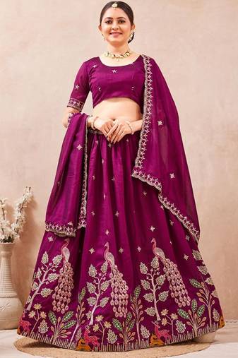 Embroidered Thread Work Ready To Wear Lehenga & Blouse With Dupatta Free Size Upto 42