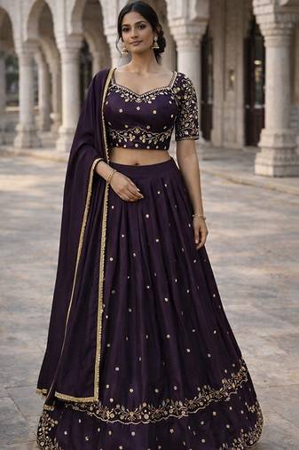 Embroidered Ready To Wear Lehenga & Semi-Stitched Blouse With Dupatta Free Size Upto 42